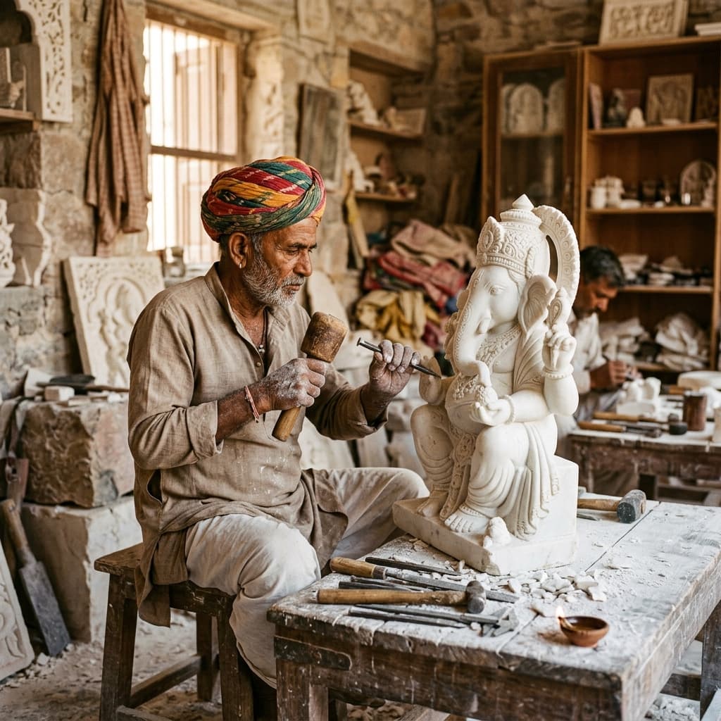 Master artisan carving a marble statue in Jaipur